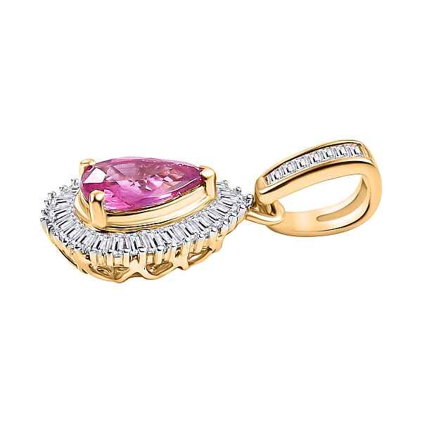 Shop Lc Certified & Appraised Luxoro AAA Padparadscha Sapphire And G-H I2 Diamond 1.25 Ctw Pendant Without Chain In 14K Yellow Gold