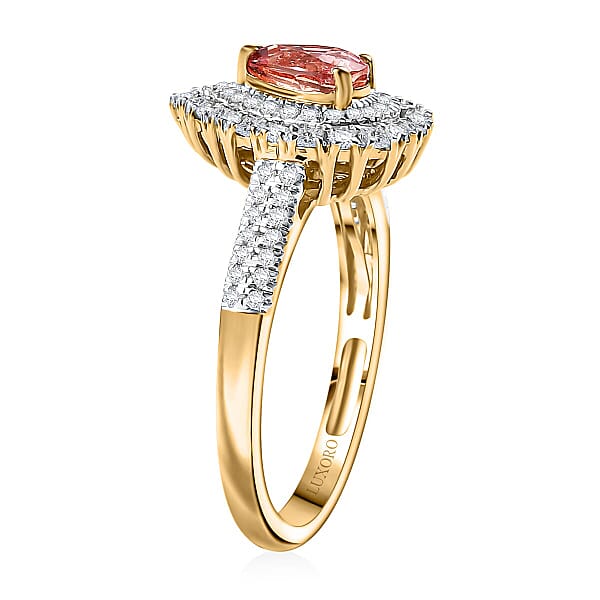 Shop Lc Certified & Appraised Luxoro AAA Padparadscha Sapphire (BT) 7.0) And I2 Diamond 1.41 Ctw Double Halo Ring In 14K Yellow Gold
