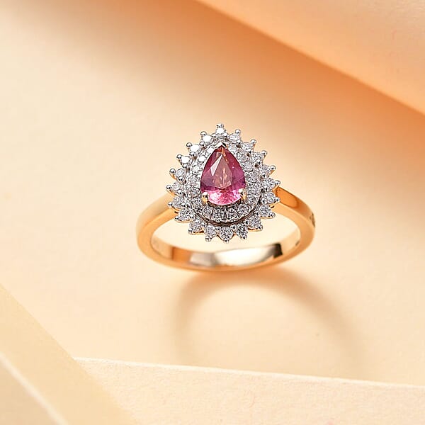 Shop Lc Certified & Appraised Luxoro AAA Padparadscha Sapphire And G-H I2 Diamond 1.25 Ctw Ring In 14K Yellow Gold