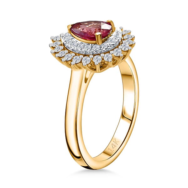 Shop Lc Certified & Appraised Luxoro AAA Padparadscha Sapphire And G-H I2 Diamond 1.25 Ctw Ring In 14K Yellow Gold