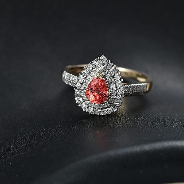 Shop Lc Certified & Appraised Luxoro AAA Padparadscha Sapphire (BT) 7.5) And I2 Diamond 1.41 Ctw Double Halo Ring In 14K Yellow Gold