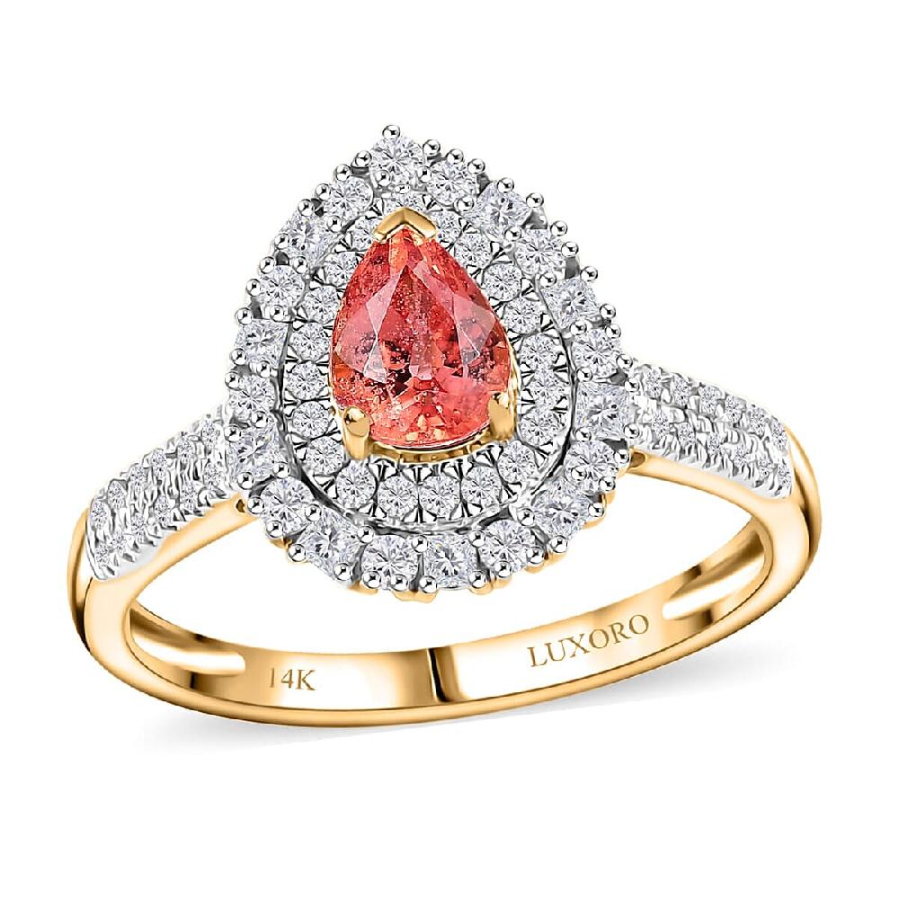 shop lc Certified & Appraised Luxoro AAA Padparadscha Sapphire (BT) 7.5) and I2 Diamond 1.41 ctw Double Halo Ring in 14K Yellow Gold