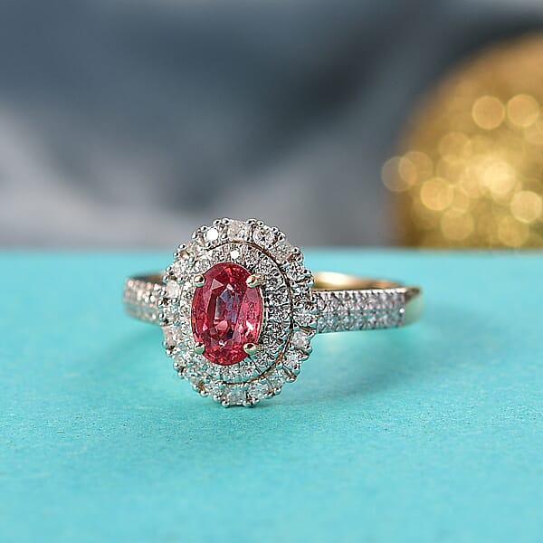 Shop Lc Certified & Appraised Luxoro AAA Padparadscha Sapphire (BT) 8.0) And I2 Diamond 1.33 Ctw Double Halo Ring In 14K Yellow Gold
