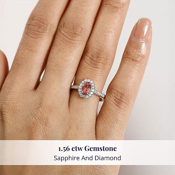 Shop Lc Certified & Appraised Luxoro AAA Padparadscha Sapphire (BT) 9.0) And I2 Diamond 1.56 Ctw Halo Ring In 14K Yellow Gold