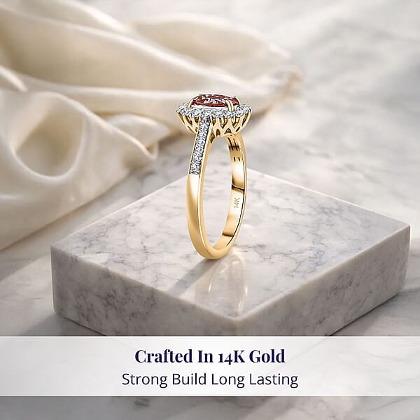 Shop Lc Certified & Appraised Luxoro AAA Padparadscha Sapphire (BT) 9.0) And I2 Diamond 1.56 Ctw Halo Ring In 14K Yellow Gold