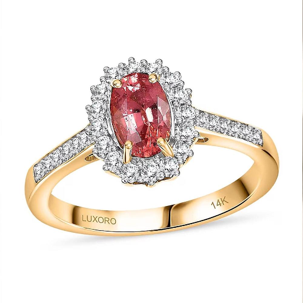 shop lc Certified & Appraised Luxoro AAA Padparadscha Sapphire (BT) 9.0) and I2 Diamond 1.56 ctw Halo Ring in 14K Yellow Gold