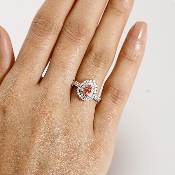 Shop Lc Certified & Appraised Luxoro AAA Padparadscha Sapphire (BT) 6.5) And I2 Diamond 1.41 Ctw Double Halo Ring In 14K Yellow Gold