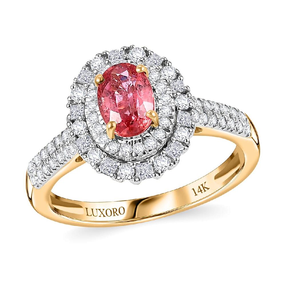 shop lc Certified & Appraised Luxoro AAA Padparadscha Sapphire (BT) 10.0) and I2 Diamond 1.33 ctw Double Halo Ring in 14K Yellow Gold