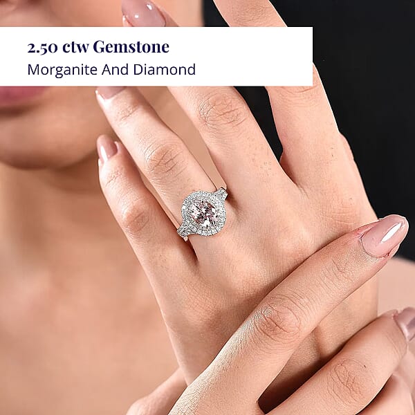 Shop Lc Certified & Appraised Luxoro AAA Palmeiras Pink Morganite And G-H I2 Diamond 2.50 Ctw Double Halo Ring In 14K Rose Gold 4.41 Grams