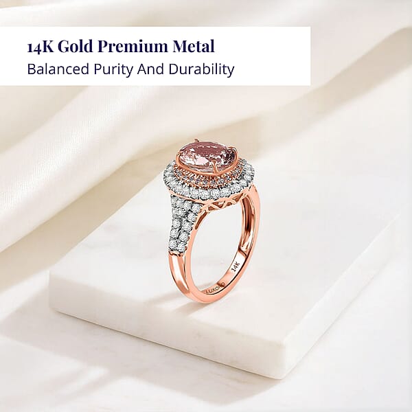 Shop Lc Certified & Appraised Luxoro AAA Palmeiras Pink Morganite And G-H I2 Diamond 2.50 Ctw Double Halo Ring In 14K Rose Gold 4.41 Grams