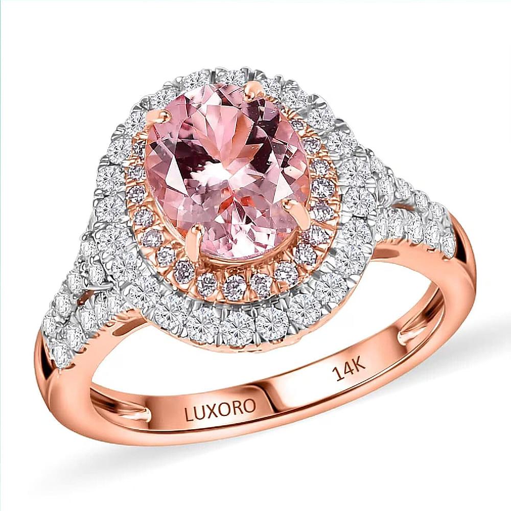 shop lc Certified & Appraised Luxoro AAA Palmeiras Pink Morganite and G-H I2 Diamond 2.50 ctw Double Halo Ring in 14K Rose Gold 4.41 Grams