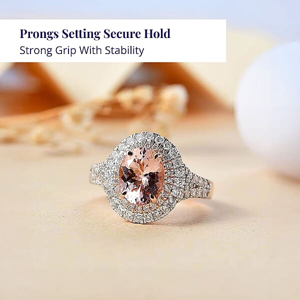 Shop Lc Certified & Appraised Luxoro AAA Palmeiras Pink Morganite And G-H I2 Diamond 2.50 Ctw Double Halo Ring In 14K Rose Gold 4.41 Grams