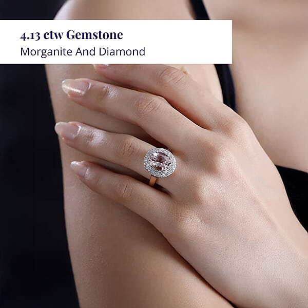 Shop Lc Certified & Appraised Luxoro AAA Pink Morganite And G-H I2 Diamond 4.13 Ctw Double Halo Ring In 14K Rose Gold 4.85 Grams
