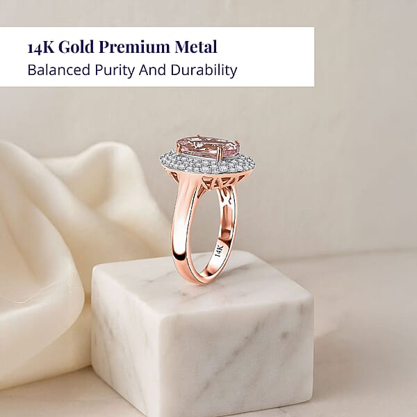 Shop Lc Certified & Appraised Luxoro AAA Pink Morganite And G-H I2 Diamond 4.13 Ctw Double Halo Ring In 14K Rose Gold 4.85 Grams