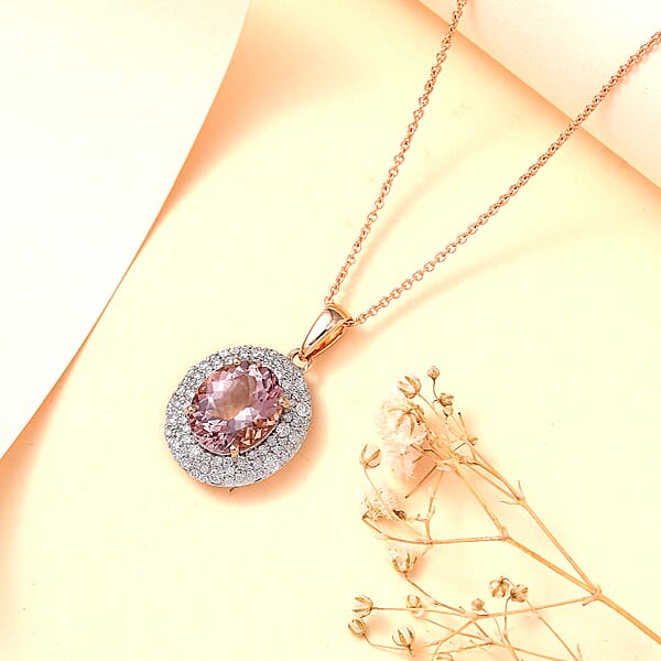 Shop Lc Certified & Appraised Luxoro AAA Pink Morganite And G-H I2 Diamond 4.13 Ctw Double Halo Pendant Necklace In 14K Rose Gold 18 Inches