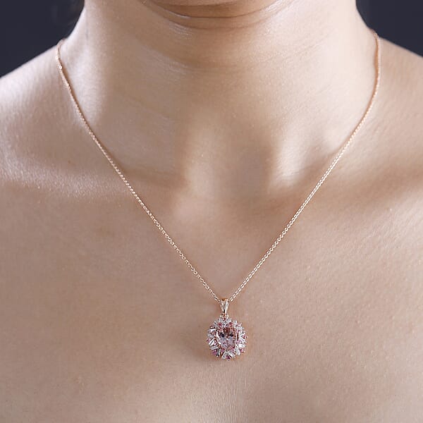 Shop Lc Certified & Appraised Luxoro AAA Pink Morganite And G-H I2 Diamond 4.13 Ctw Double Halo Pendant Necklace In 14K Rose Gold 18 Inches