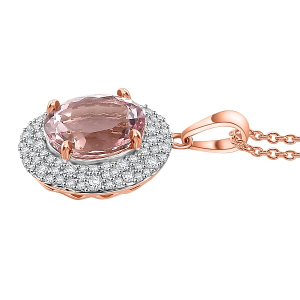 Shop Lc Certified & Appraised Luxoro AAA Pink Morganite And G-H I2 Diamond 4.13 Ctw Double Halo Pendant Necklace In 14K Rose Gold 18 Inches