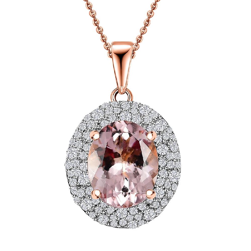 shop lc Certified & Appraised Luxoro AAA Pink Morganite and G-H I2 Diamond 4.13 ctw Double Halo Pendant Necklace in 14K Rose Gold 18 Inches
