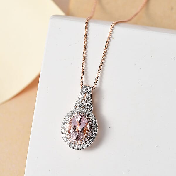 Shop Lc Certified & Appraised Luxoro AAA Pink Morganite And G-H I2 Diamond 2.35 Ctw Double Halo Pendant Necklace 20 Inches In 14K Rose Gold