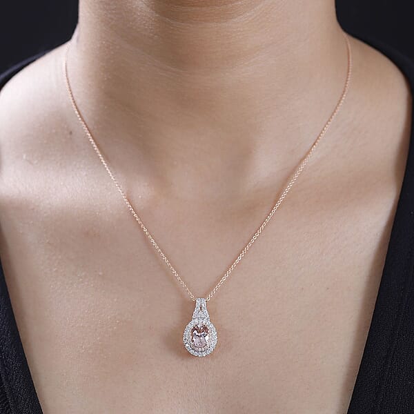 Shop Lc Certified & Appraised Luxoro AAA Pink Morganite And G-H I2 Diamond 2.35 Ctw Double Halo Pendant Necklace 20 Inches In 14K Rose Gold