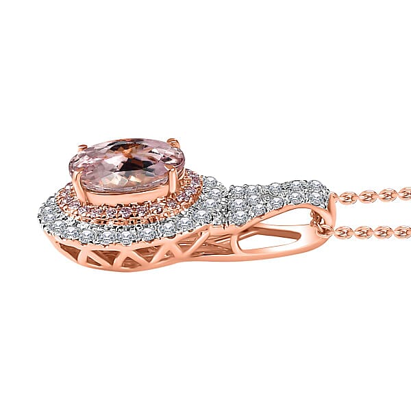 Shop Lc Certified & Appraised Luxoro AAA Pink Morganite And G-H I2 Diamond 2.35 Ctw Double Halo Pendant Necklace 20 Inches In 14K Rose Gold
