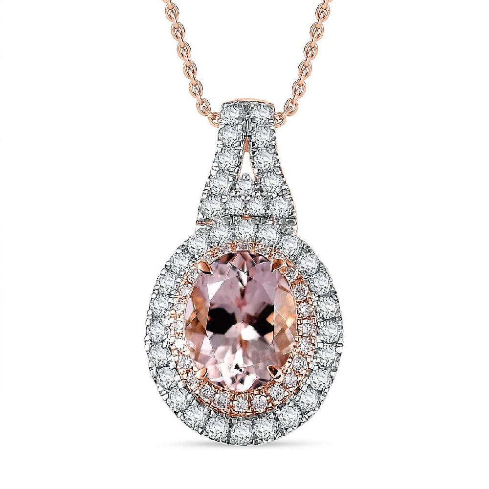shop lc Certified & Appraised Luxoro AAA Pink Morganite and G-H I2 Diamond 2.35 ctw Double Halo Pendant Necklace 20 Inches in 14K Rose Gold