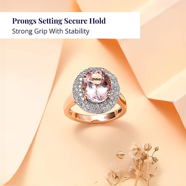 Shop Lc Certified & Appraised Luxoro AAA Pink Morganite And G-H I2 Diamond 4.13 Ctw Double Halo Ring In 14K Rose Gold 4.85 Grams