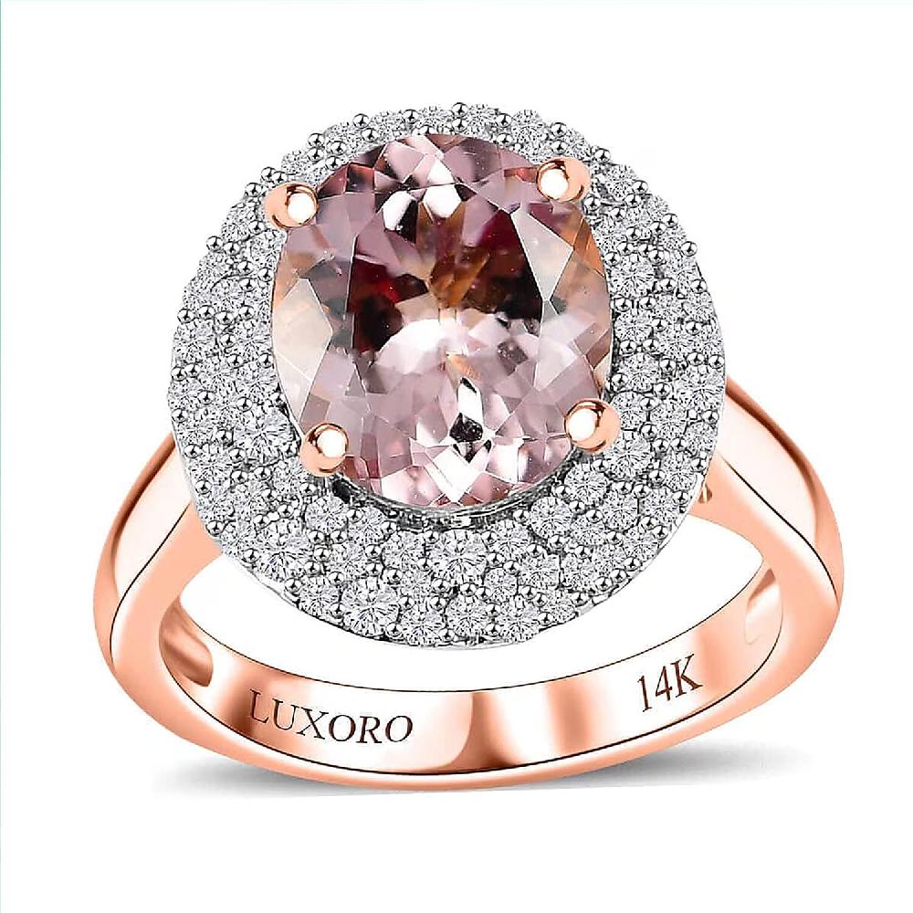 shop lc Certified & Appraised Luxoro AAA Pink Morganite and G-H I2 Diamond 4.13 ctw Double Halo Ring in 14K Rose Gold 4.85 Grams