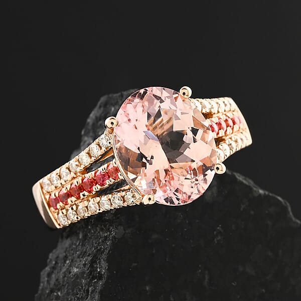 Shop Lc Certified & Appraised Luxoro AAA Pink Morganite Padparadscha Sapphire And G-H I2 Diamond 3.00 Ctw Ring In 10K Rose Gold 4.35 Grams