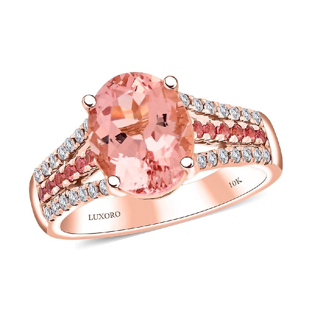 shop lc Certified & Appraised Luxoro AAA Pink Morganite Padparadscha Sapphire and G-H I2 Diamond 3.00 ctw Ring in 10K Rose Gold 4.35 Grams