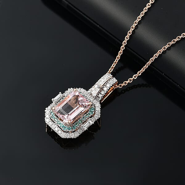 Shop Lc Certified & Appraised Luxoro AAA Pink Morganite Paraiba Tourmaline And Diamond G-H I2 2.15 Ctw Pendant Necklace In 14K Rose Gold 20 Inches (Del. In 10-12 Days)