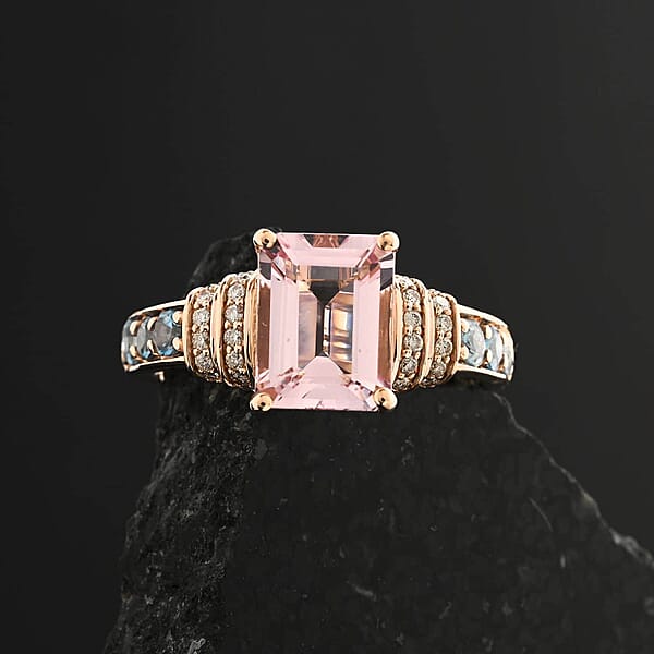 Shop Lc Certified & Appraised Luxoro AAA Pink Morganite Santa Maria Aquamarine And G-H I2 Diamond 2.75 Ctw Ring In 10K Rose Gold 4.15 Grams