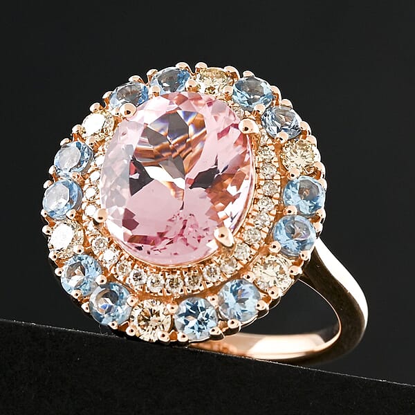Shop Lc Certified & Appraised Luxoro AAA Pink Morganite Santa Maria Aquamarine I2 Diamond 4.85 Ctw Double Halo Ring In 10K Rose Gold