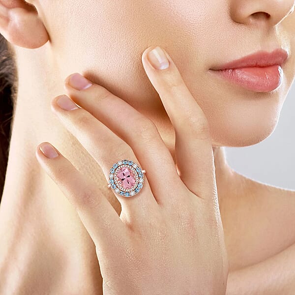 Shop Lc Certified & Appraised Luxoro AAA Pink Morganite Santa Maria Aquamarine I2 Diamond 4.85 Ctw Double Halo Ring In 10K Rose Gold
