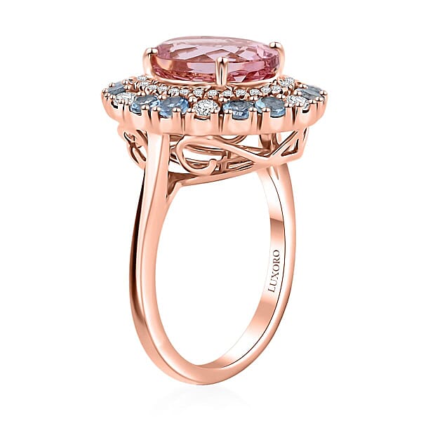 Shop Lc Certified & Appraised Luxoro AAA Pink Morganite Santa Maria Aquamarine I2 Diamond 4.85 Ctw Double Halo Ring In 10K Rose Gold