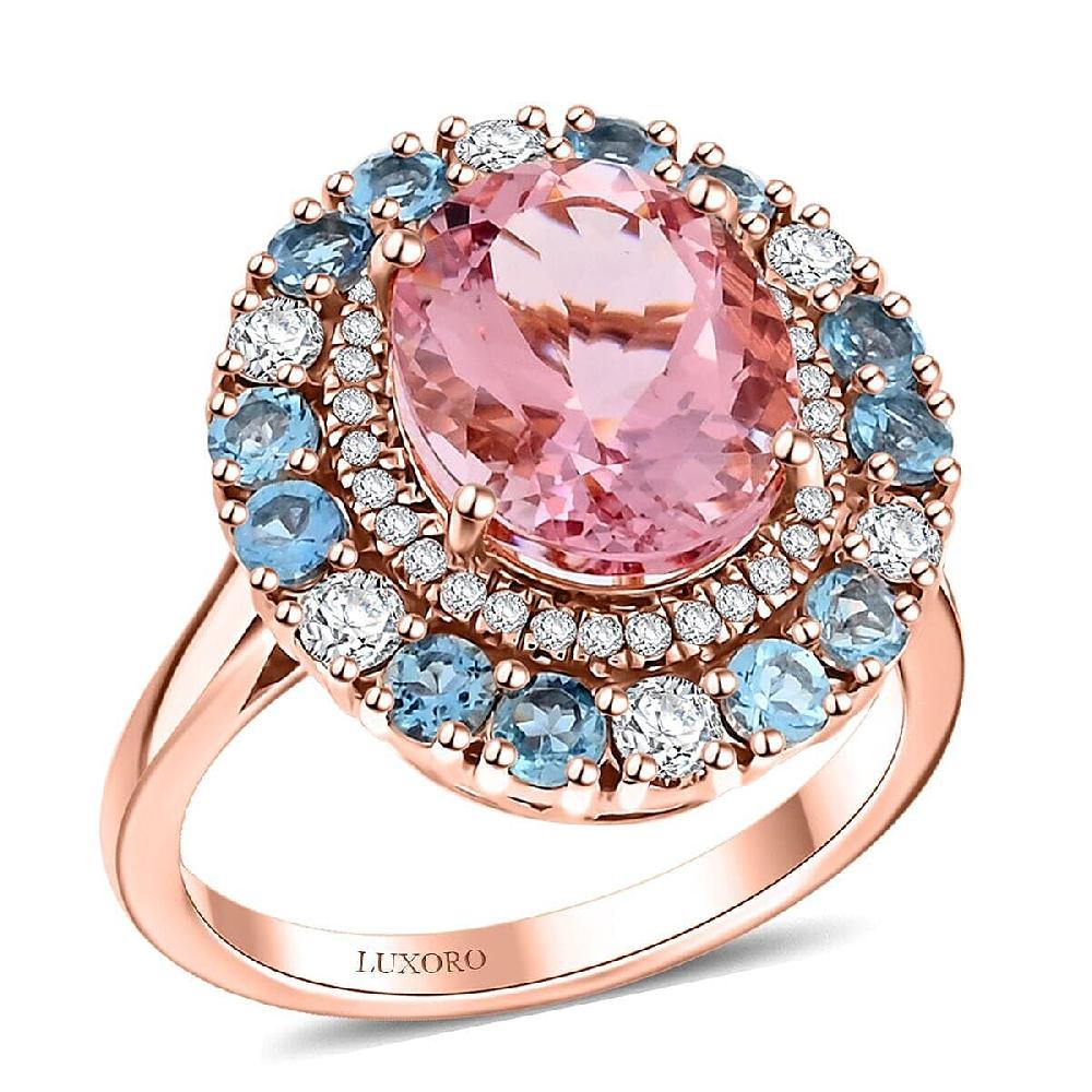 shop lc Certified & Appraised Luxoro AAA Pink Morganite Santa Maria Aquamarine I2 Diamond 4.85 ctw Double Halo Ring in 10K Rose Gold