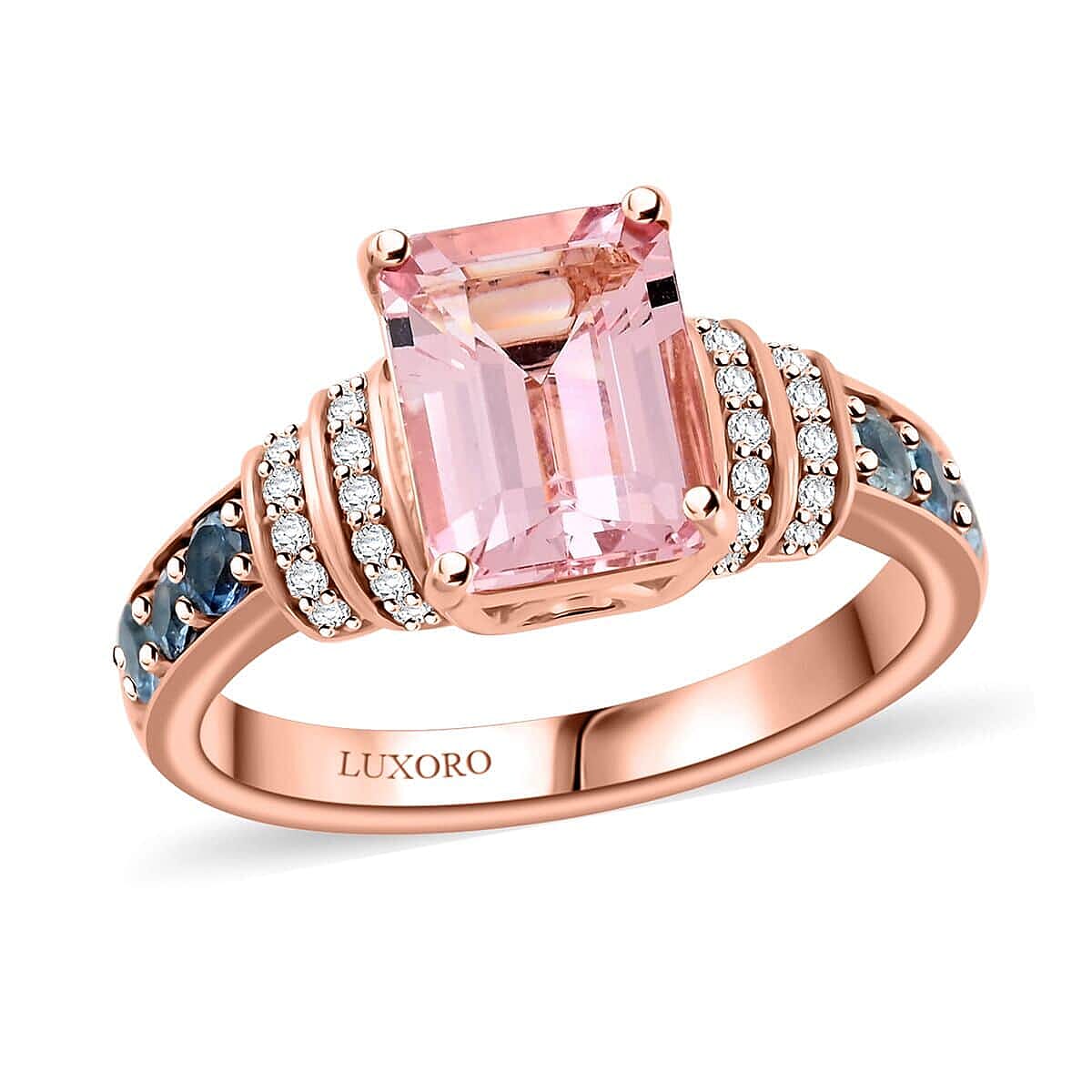 shop lc Certified & Appraised Luxoro AAA Pink Morganite Santa Maria Aquamarine and G-H I2 Diamond 2.75 ctw Ring in 10K Rose Gold 4.15 Grams
