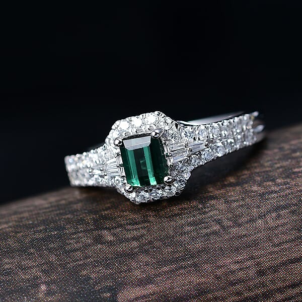 Shop Lc Certified & Appraised Luxoro AAA Pirineu Lagoon Tourmaline And G-H I2 Diamond 1.30 Ctw Art Deco Ring In 10K White Gold