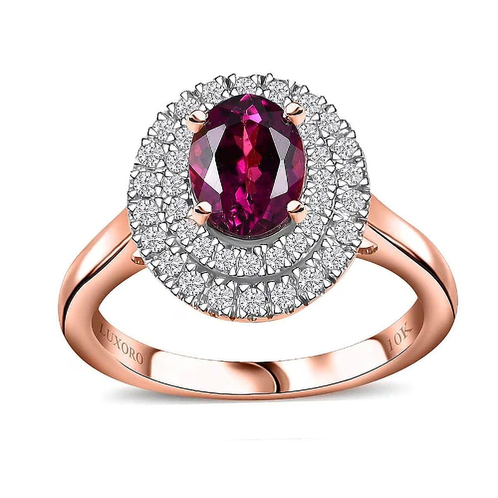 shop lc Certified & Appraised Luxoro AAA Radiant Ember Garnet and G-H I2 Diamond 1.97 ctw Double Halo Ring in 10K Rose Gold (Del. in 10-12 Days)