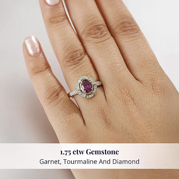 Shop Lc Certified & Appraised Luxoro AAA Radiant Ember Garnet Paraiba Tourmaline And G-H I2 Diamond 1.75 Ctw Ring In 10K Yellow Gold