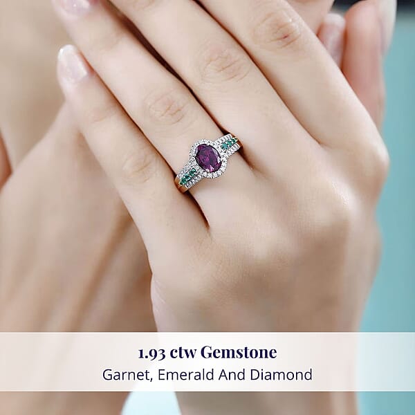 Shop Lc Certified & Appraised Luxoro AAA Radiant Ember Garnet Boyaca Colombian Emerald And G-H I2 Diamond 1.93 Ctw Ring In 10K Rose Gold