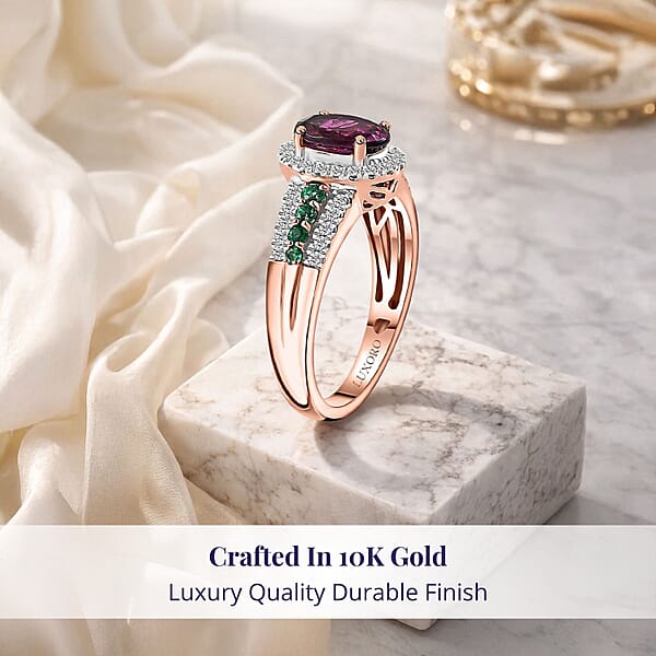Shop Lc Certified & Appraised Luxoro AAA Radiant Ember Garnet Boyaca Colombian Emerald And G-H I2 Diamond 1.93 Ctw Ring In 10K Rose Gold