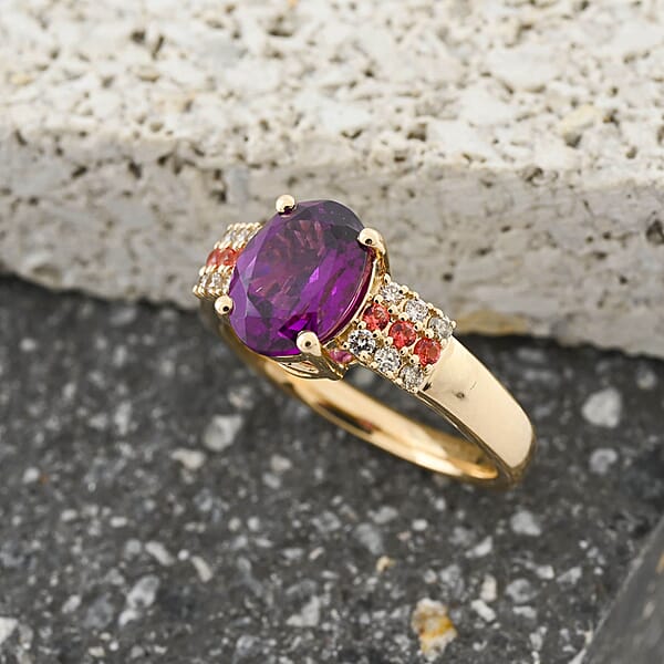 Shop Lc Certified & Appraised Luxoro AAA Radiant Ember Garnet Padparadscha Sapphire And G-H I2 Diamond 2.60 Ctw Ring In 10K Yellow Gold 4.15 Grams