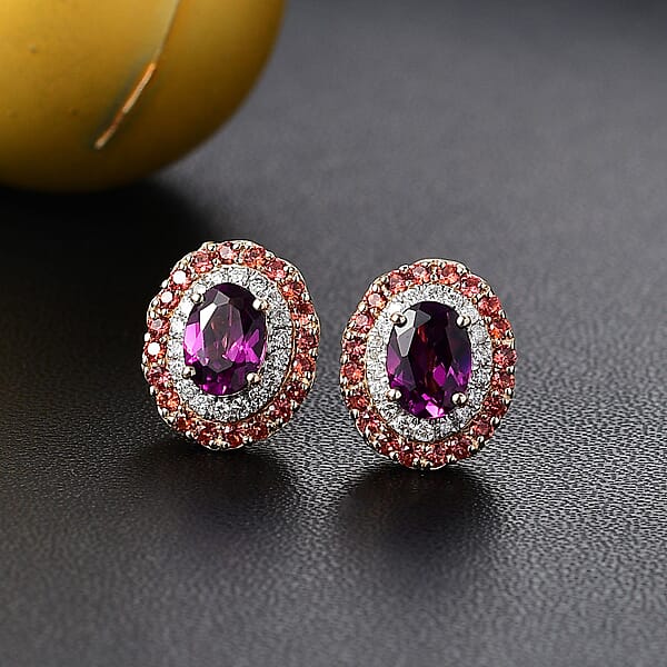 Shop Lc Certified & Appraised Luxoro AAA Radiant Ember Garnet Padparadscha Sapphire I2 Diamond 3.00 Ctw Stud Earrings In 10K Yellow Gold