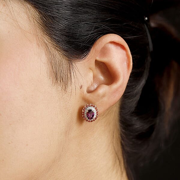 Shop Lc Certified & Appraised Luxoro AAA Radiant Ember Garnet Padparadscha Sapphire I2 Diamond 3.00 Ctw Stud Earrings In 10K Yellow Gold