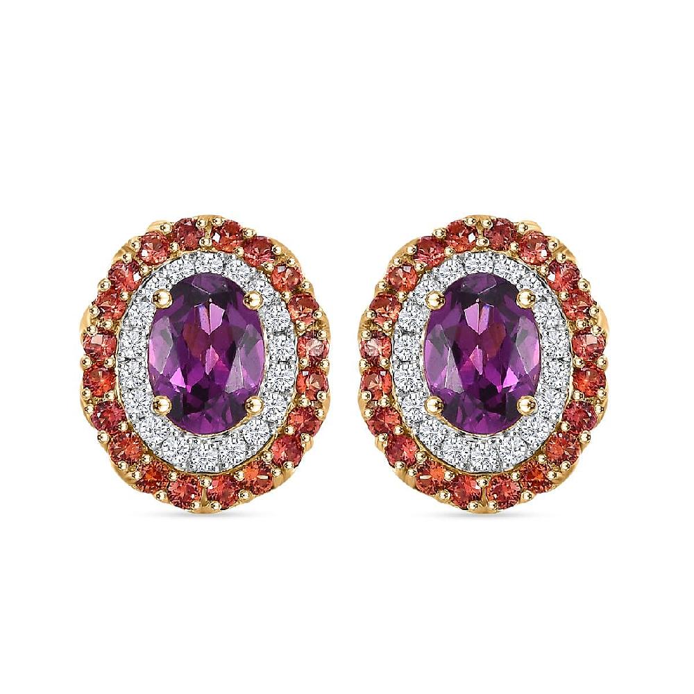 shop lc Certified & Appraised Luxoro AAA Radiant Ember Garnet Padparadscha Sapphire I2 Diamond 3.00 ctw Stud Earrings in 10K Yellow Gold