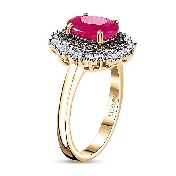 Shop Lc Certified & Appraised Luxoro AAA Royal Ruby G-H I2 Natural Champagne And White Diamond 3.06 Ctw Sunlit Rose Ring In 10K Yellow Gold