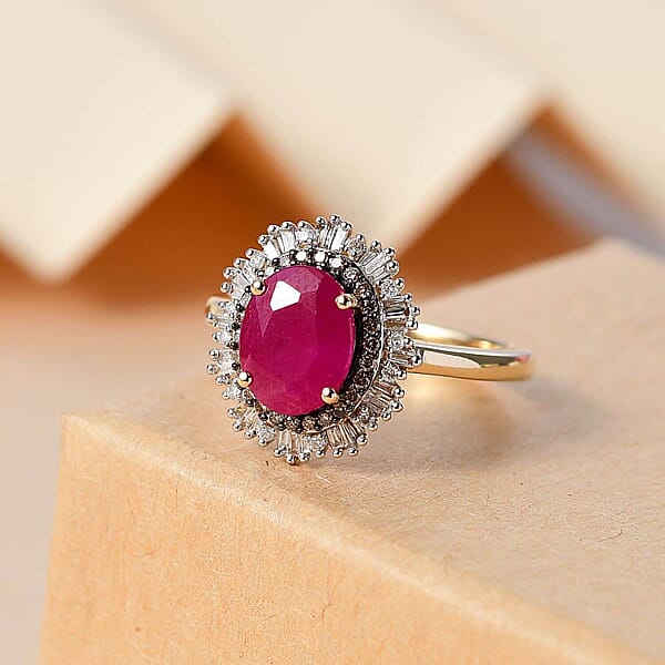 Shop Lc Certified & Appraised Luxoro AAA Royal Ruby G-H I2 Natural Champagne And White Diamond 3.06 Ctw Sunlit Rose Ring In 10K Yellow Gold
