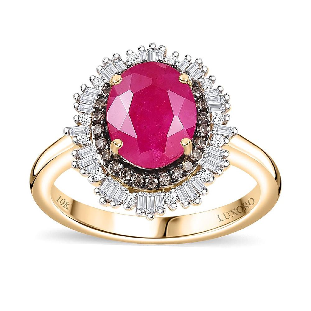 shop lc Certified & Appraised Luxoro AAA Royal Ruby G-H I2 Natural Champagne and White Diamond 3.06 ctw Sunlit Rose Ring in 10K Yellow Gold