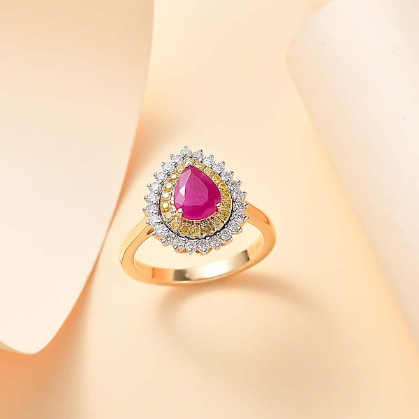 Shop Lc Certified & Appraised Luxoro AAA Royal Ruby I2 Yellow And White Diamond 1.93 Ctw Ring In 10K Yellow Gold 4 Grams